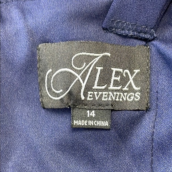 New Alex Evenings Flower Neckline Maxi Dress Square Neck Navy Blue Sz 14 - Picture 8 of 13